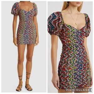 RHODE Esme Love is a Rainbow Ruched Puff Sleeve Floral Mini Dress Sz 6